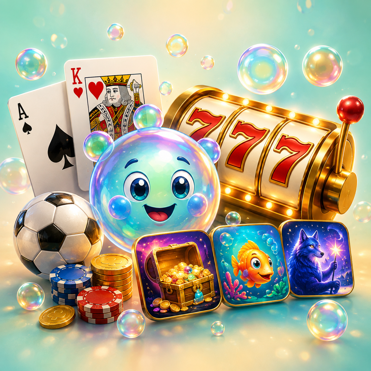 Bright BubblesBet casino world with a bubble mascot, golden triple-seven reels, an ace and king, football and colourful games