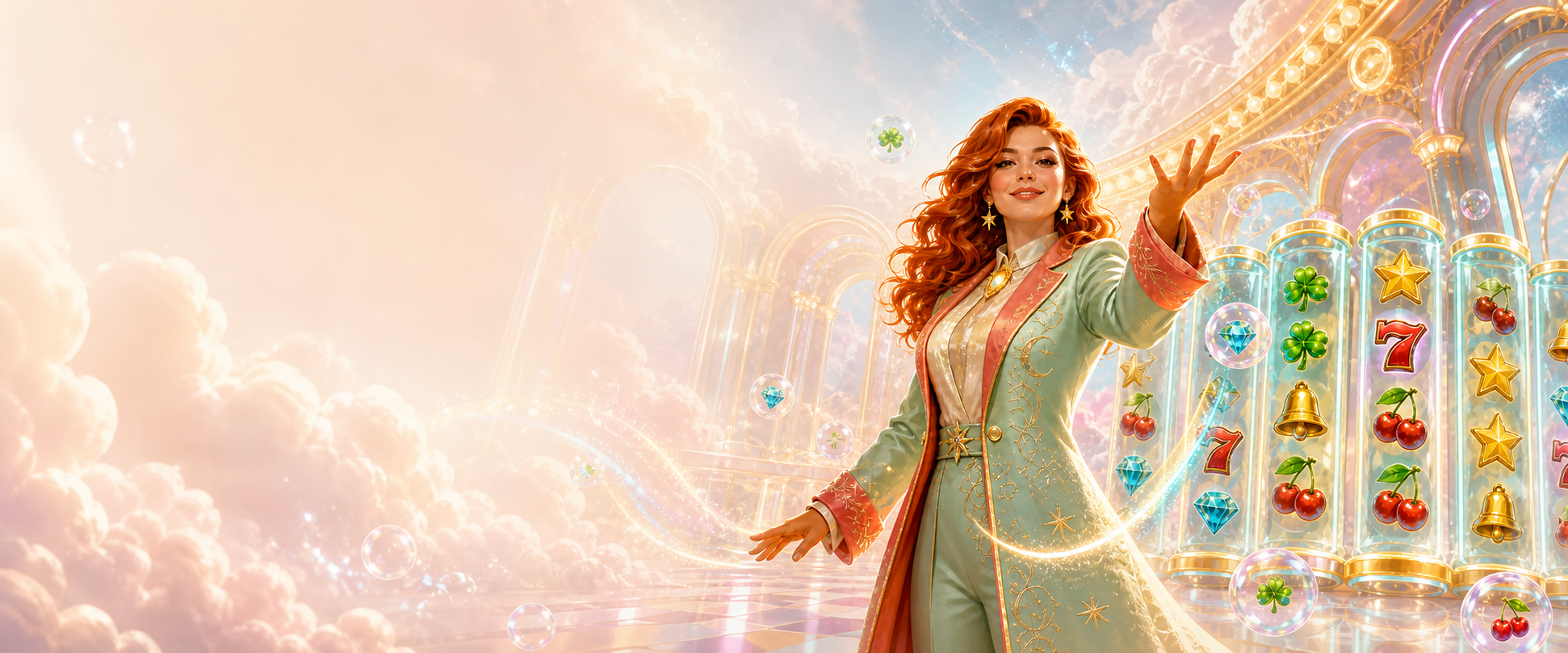 BubblesBet Lady Luck surrounded by colourful online slot reels and floating bubbles