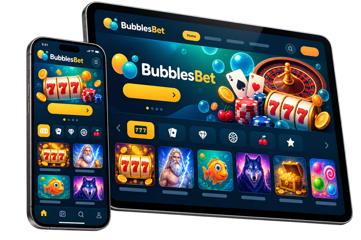 BubblesBet Casino hostess using a tablet that displays slots and sports betting