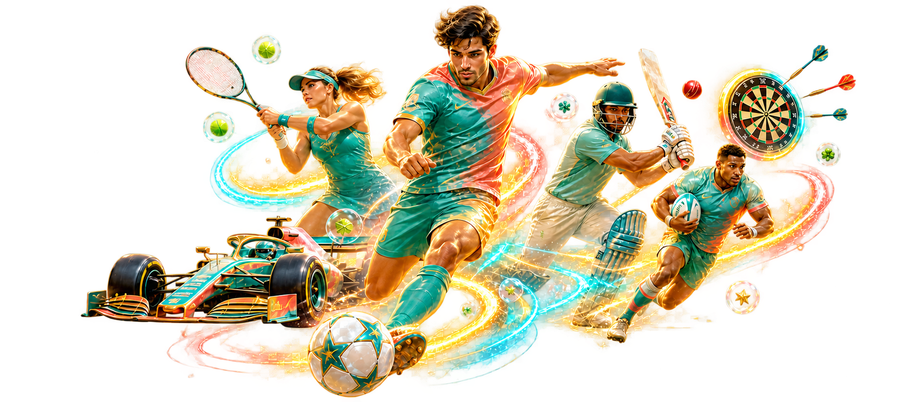 Football, tennis, cricket and rugby players with a racing car and darts representing sports at BubblesBet Casino