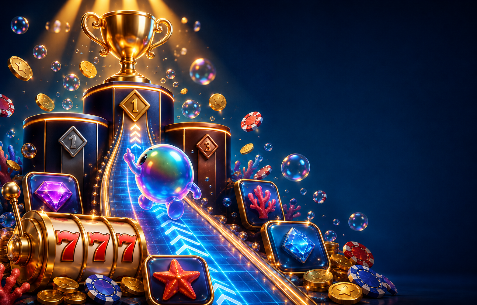 BubblesBet bubble mascot racing upwards along a glowing leaderboard track towards a golden tournament trophy